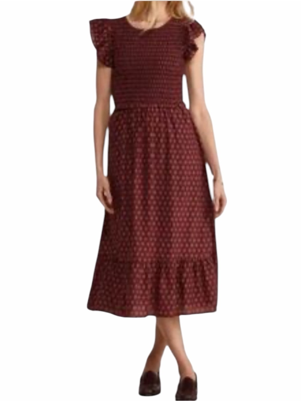 Vineyard Vines Burgundy Silk Blend Smocked Ruffle Sleeve Midi Dress XL